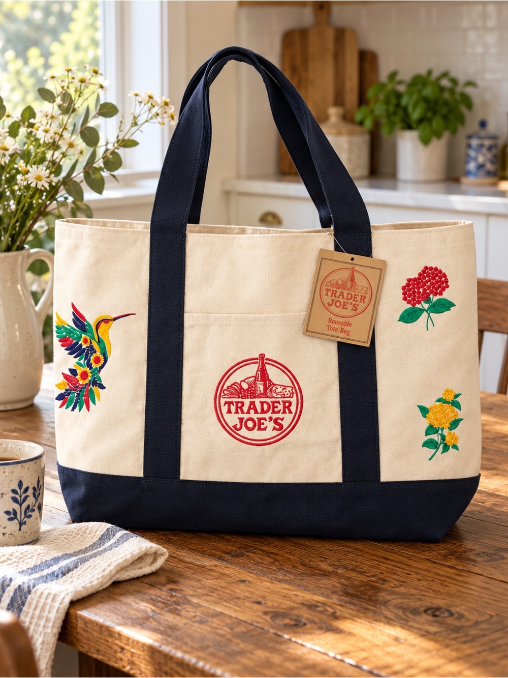 😍Embroidered Trader Joe’s Canvas Tote | Boho Reusable Market Bag | Gift Idea